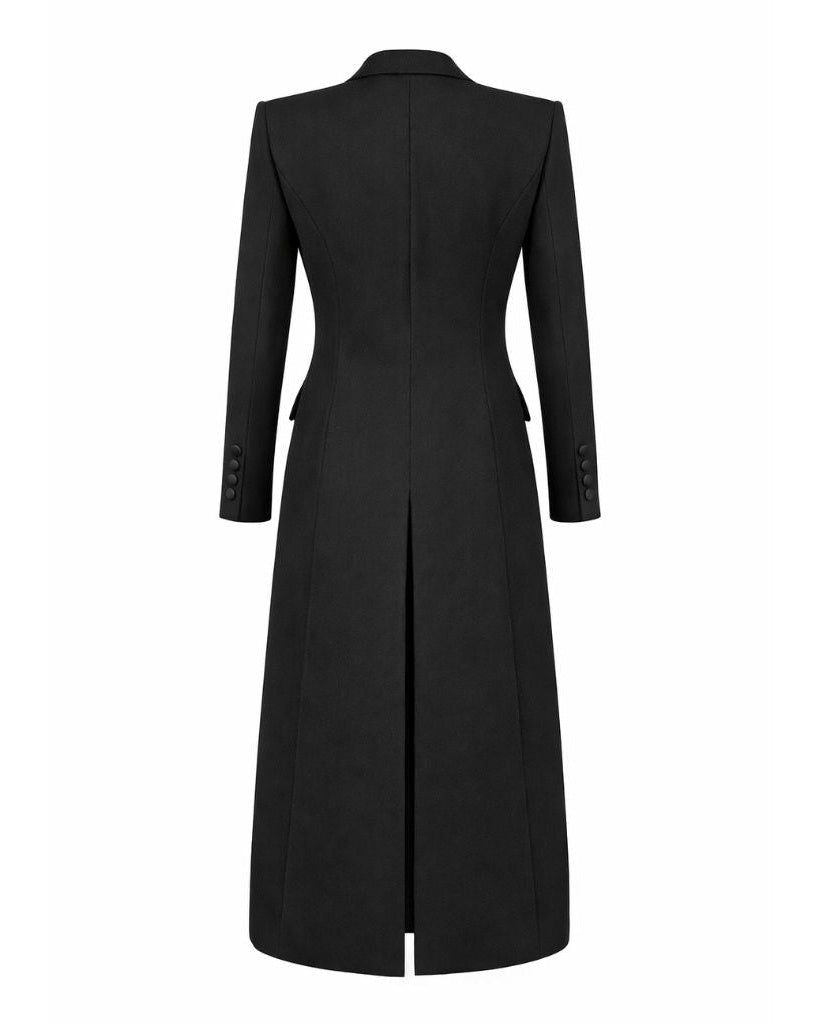 Tailory black full-length tuxedo coat back view