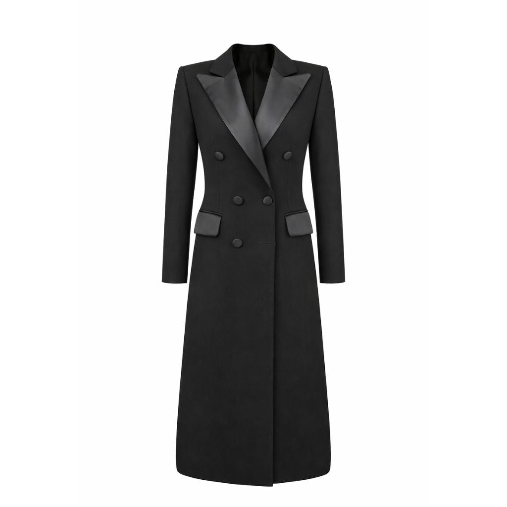 Tailory black gabardine double-breasted tuxedo coat front view