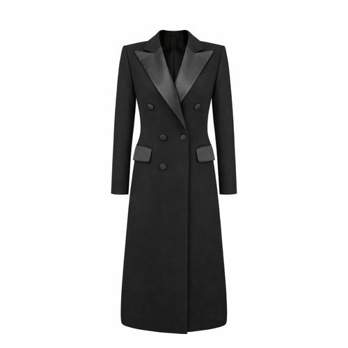 Tailory black gabardine double-breasted tuxedo coat front view