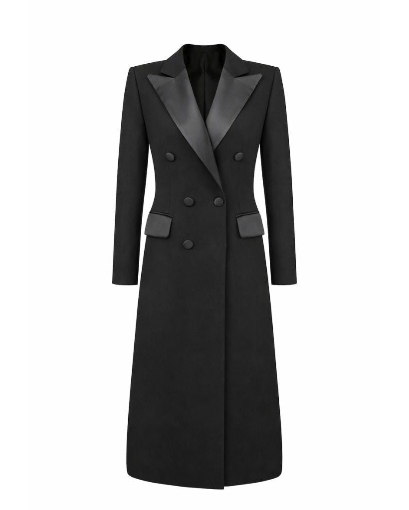 Tailory black gabardine double-breasted tuxedo coat front view