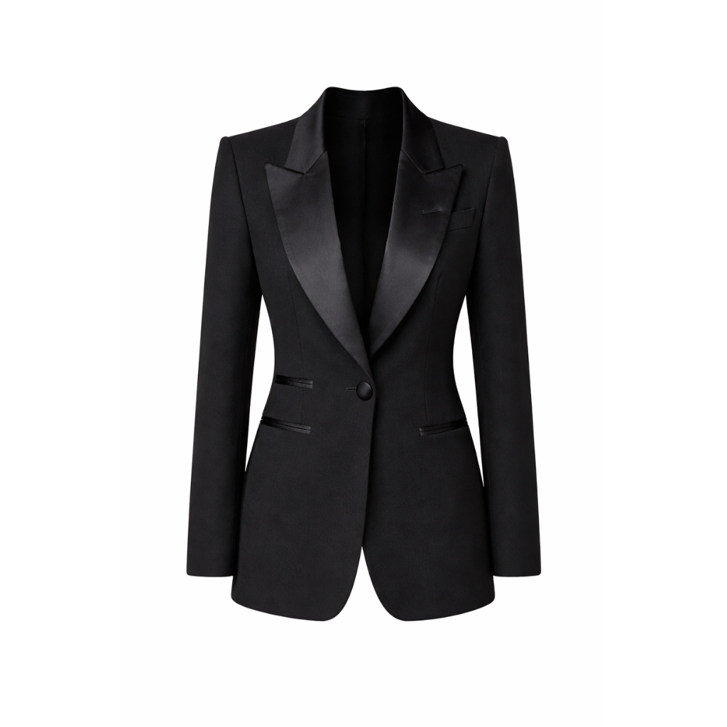 Tailory black wool gabardine tuxedo jacket with satin peak lapels front view