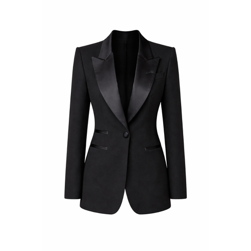 Tailory black wool gabardine tuxedo jacket with satin peak lapels front view