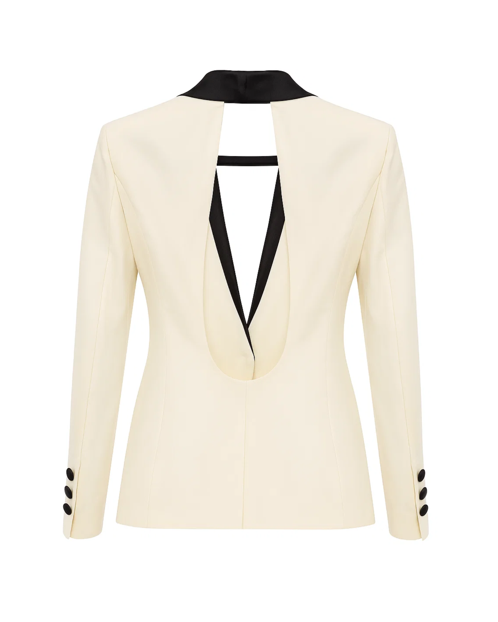 Tailory ivory tuxedo jacket with black satin lapels backless back view