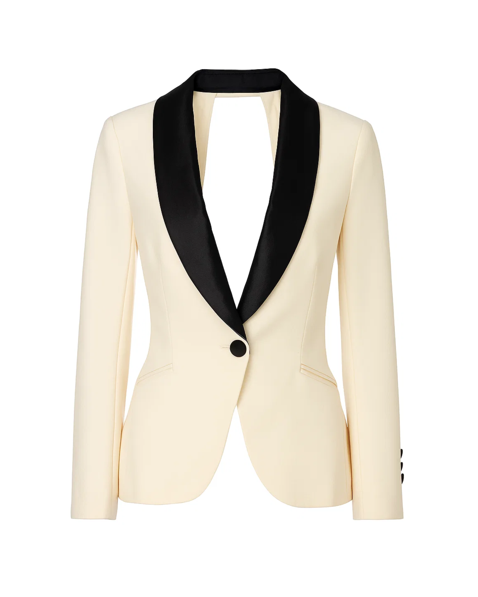 Tailory ivory tuxedo jacket with black satin shawl lapels front view