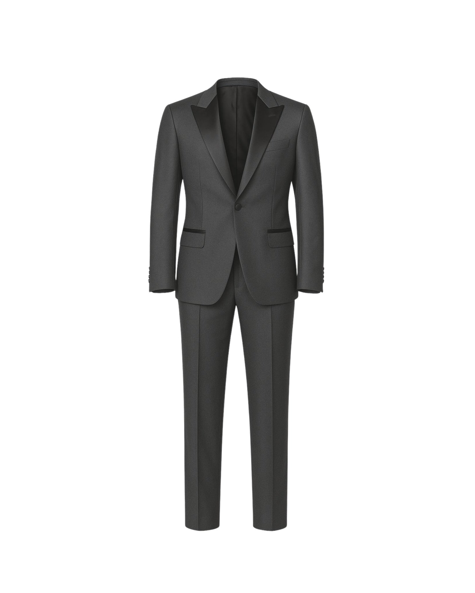 Tailory charcoal gray peak lapel wool tuxedo front view