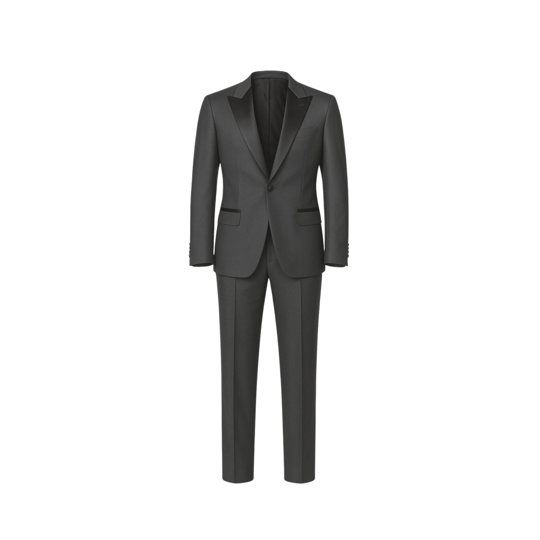 Tailory charcoal gray peak lapel wool tuxedo front view