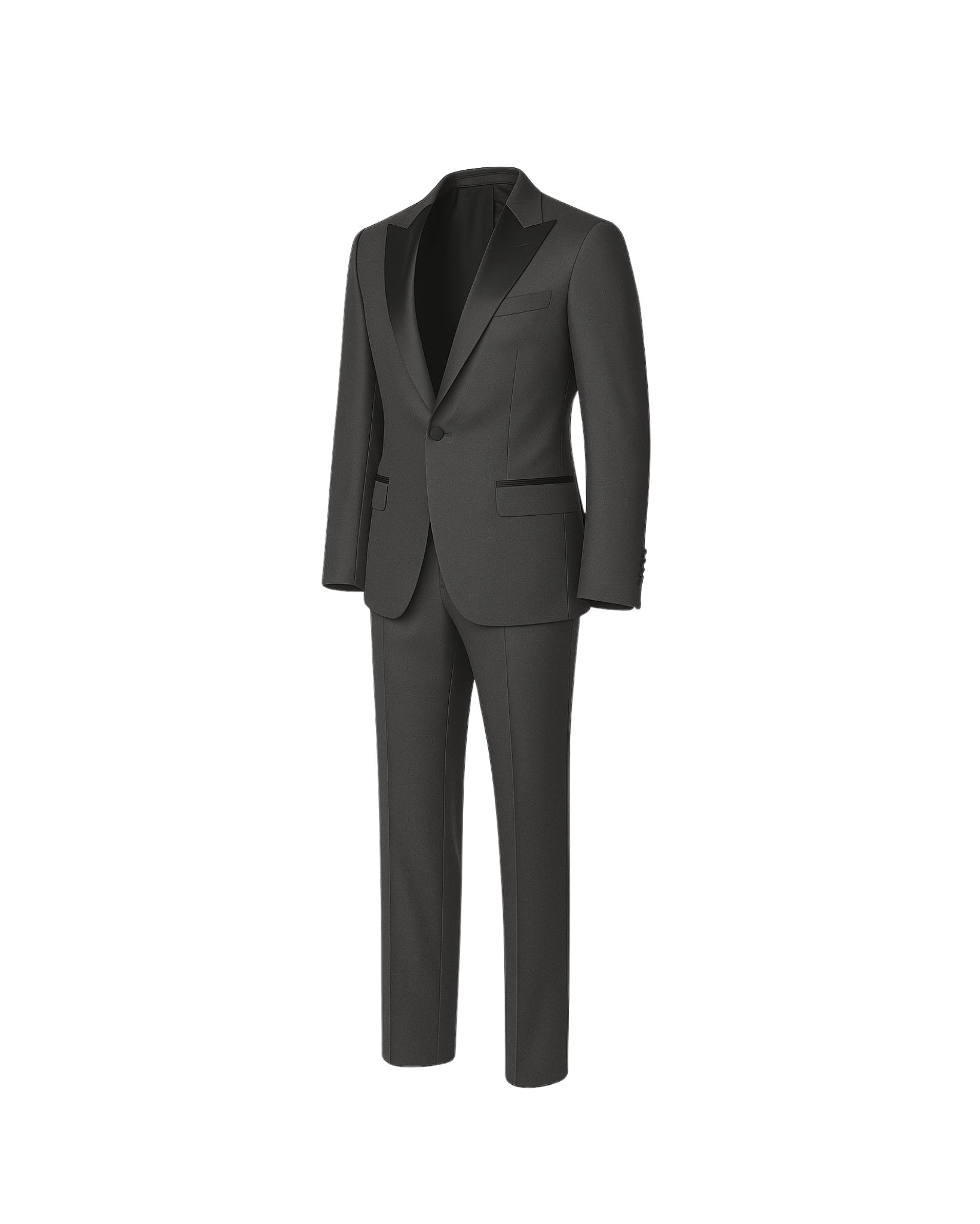 Tailory charcoal gray peak lapel wool tuxedo side view