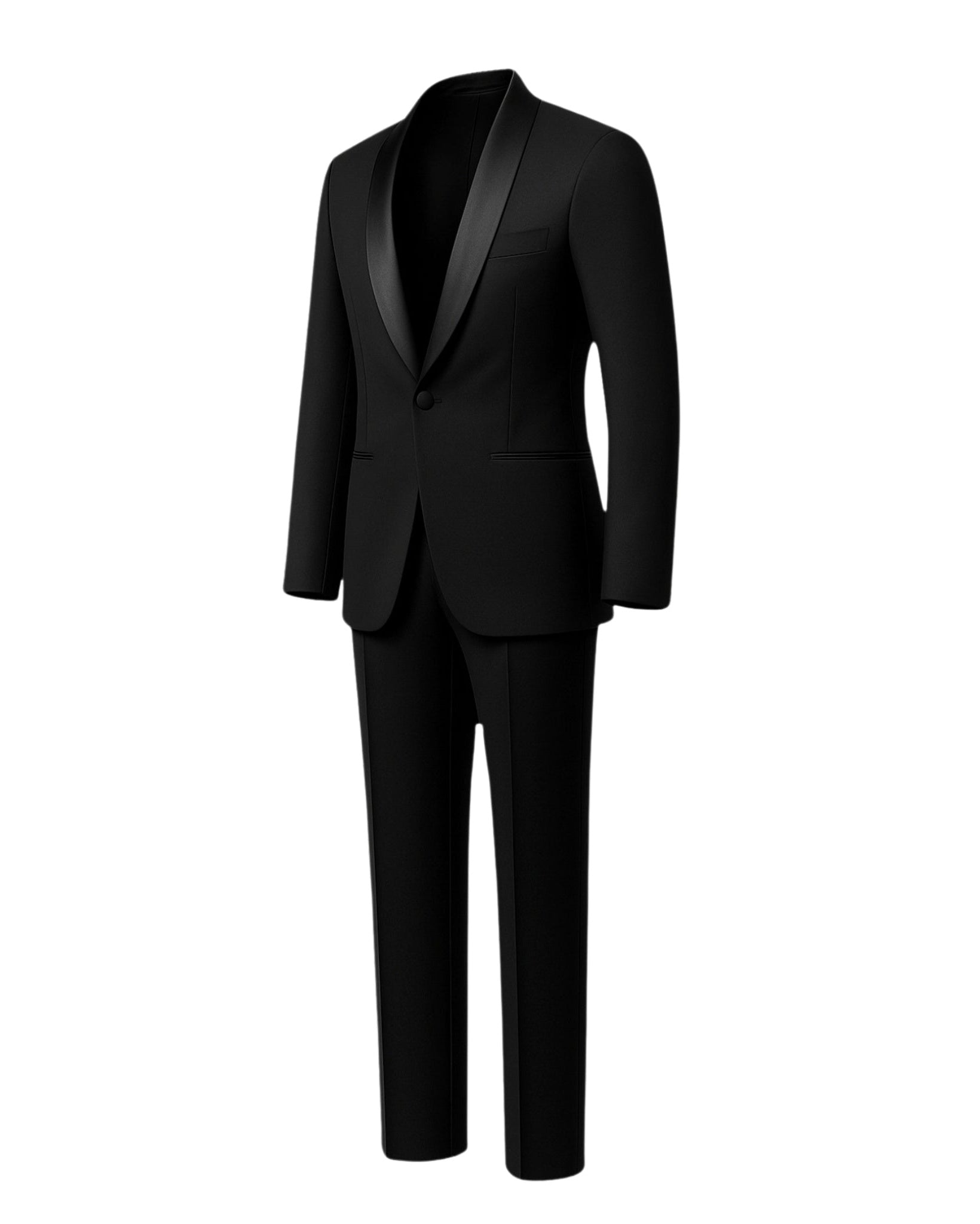 Tailory jet black shawl lapel wool tuxedo side view