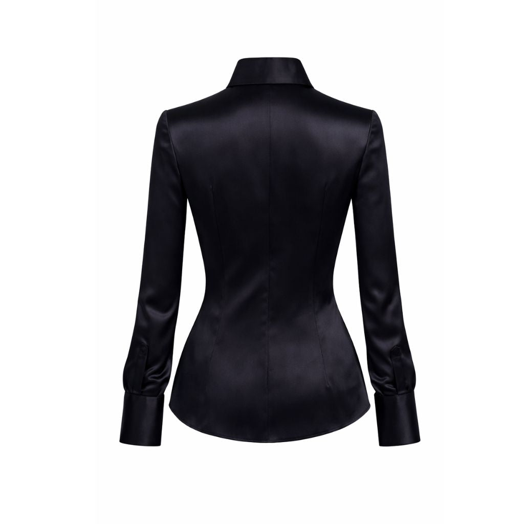 Tailory black silk charmeuse tailored tuxedo shirt back view