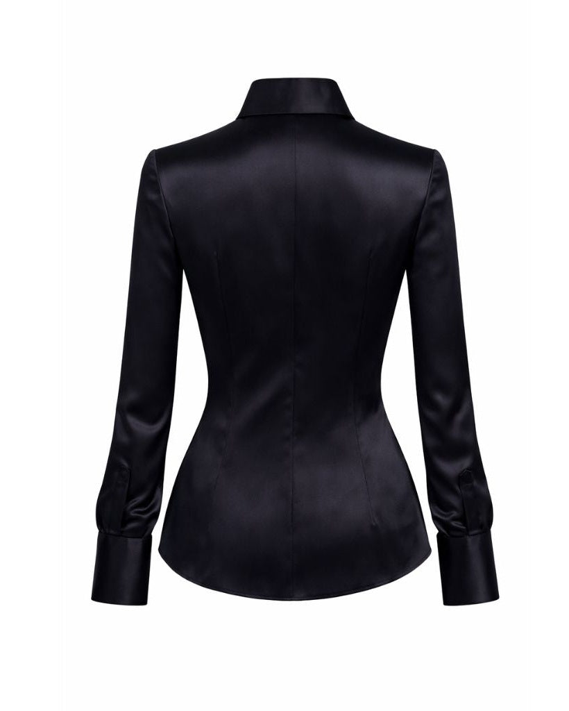 Tailory black silk charmeuse tailored tuxedo shirt back view
