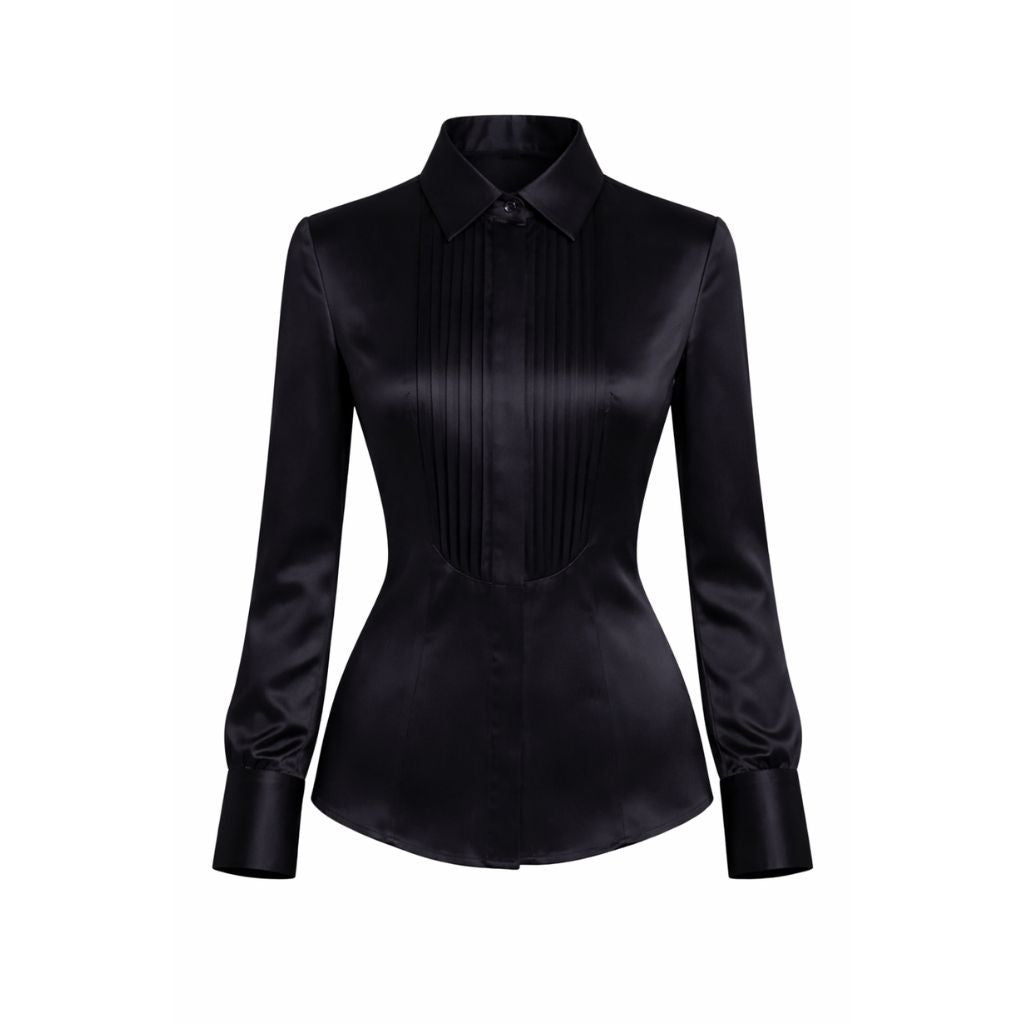 Tailory black silk charmeuse tuxedo shirt front view