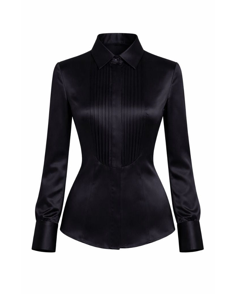 Tailory black silk charmeuse tuxedo shirt front view