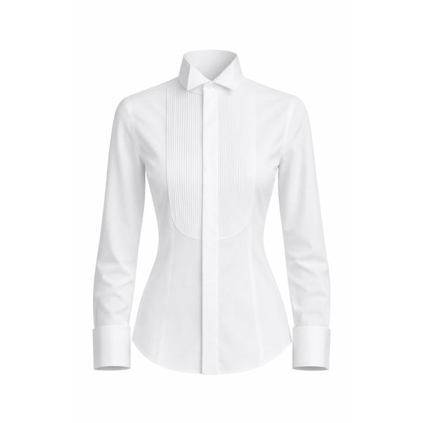 Tailory white micro-pleat tuxedo shirt with wingtip collar front view
