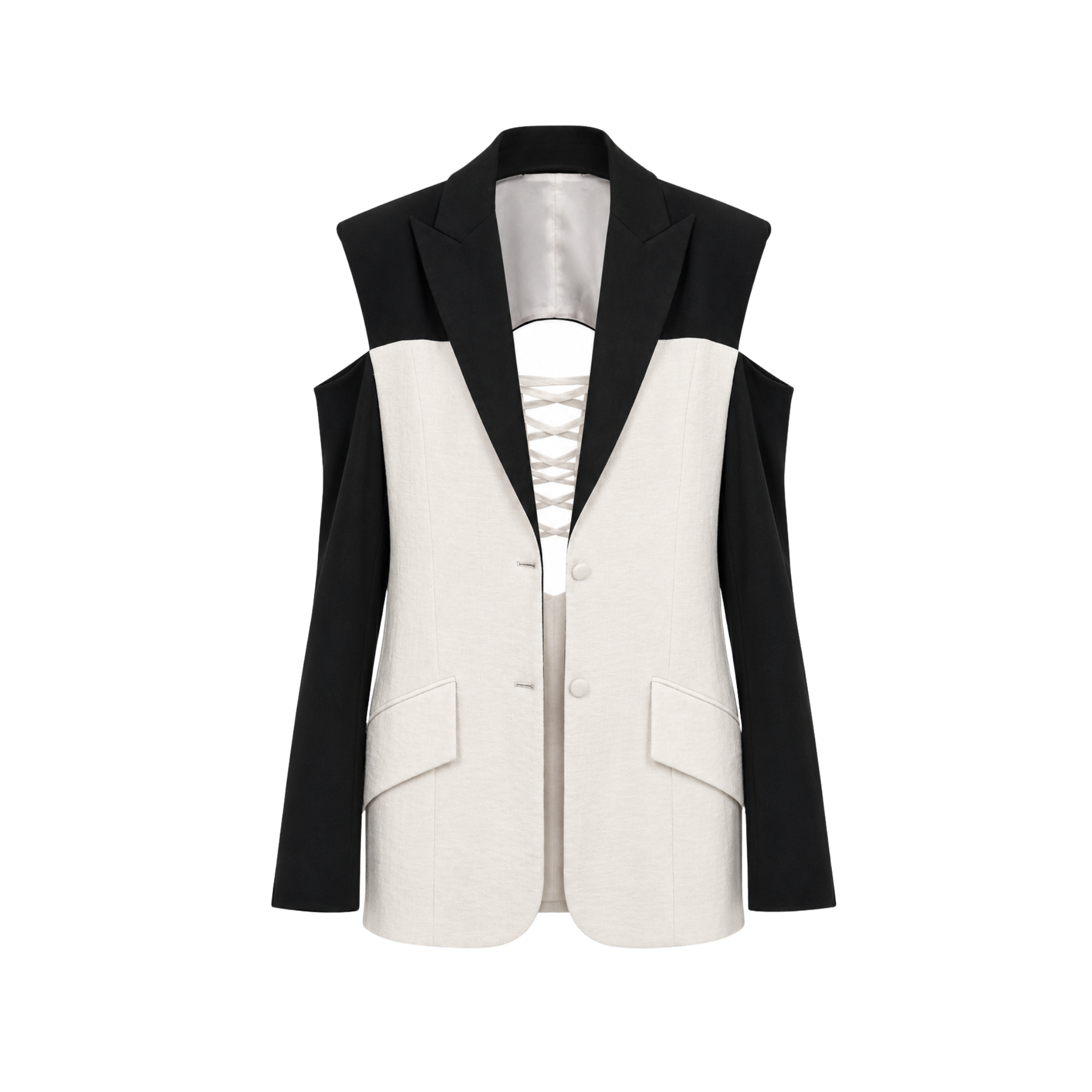 Black and white sleeveless blazer on a white background