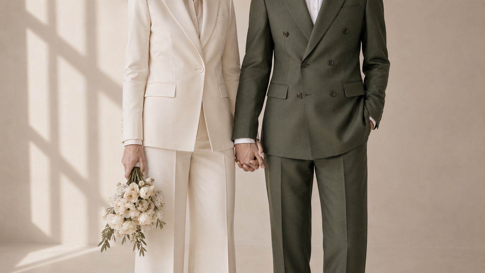 Two people in formal suits holding hands with a bouquet against a neutral background