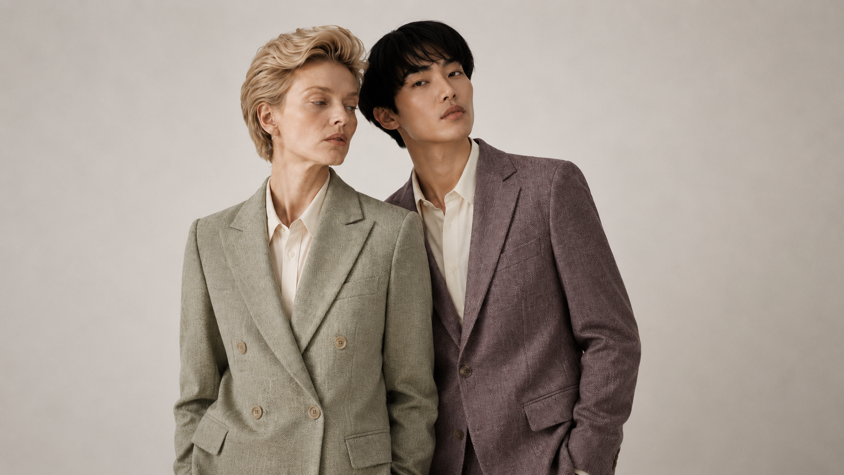 Two people wearing suits standing against a plain background