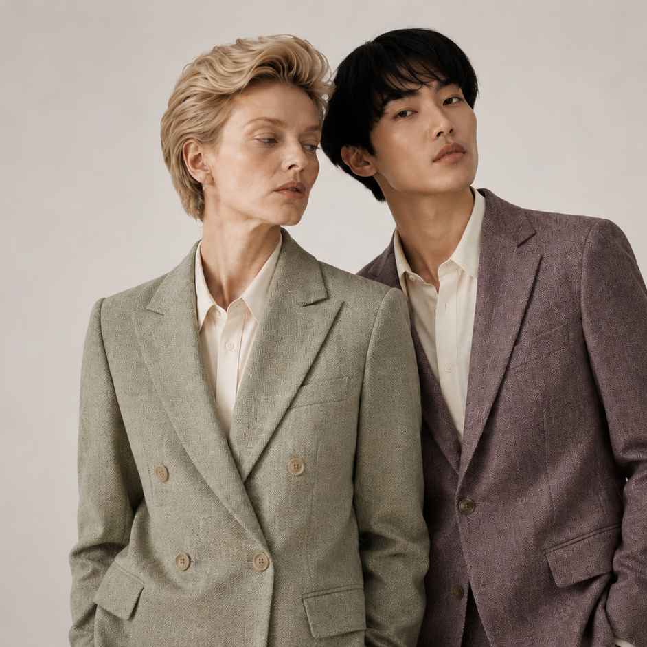Two people wearing suits standing close together against a plain background