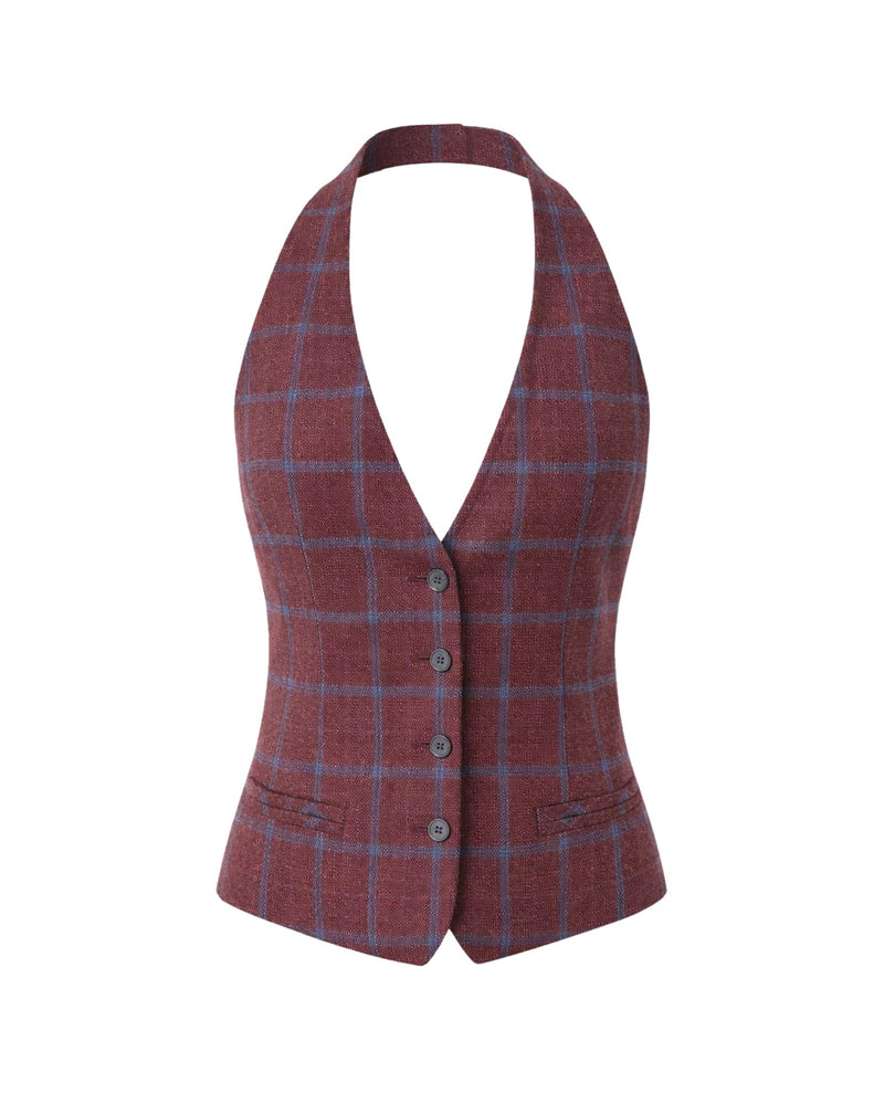 Tailory burgundy plaid halter vest front view