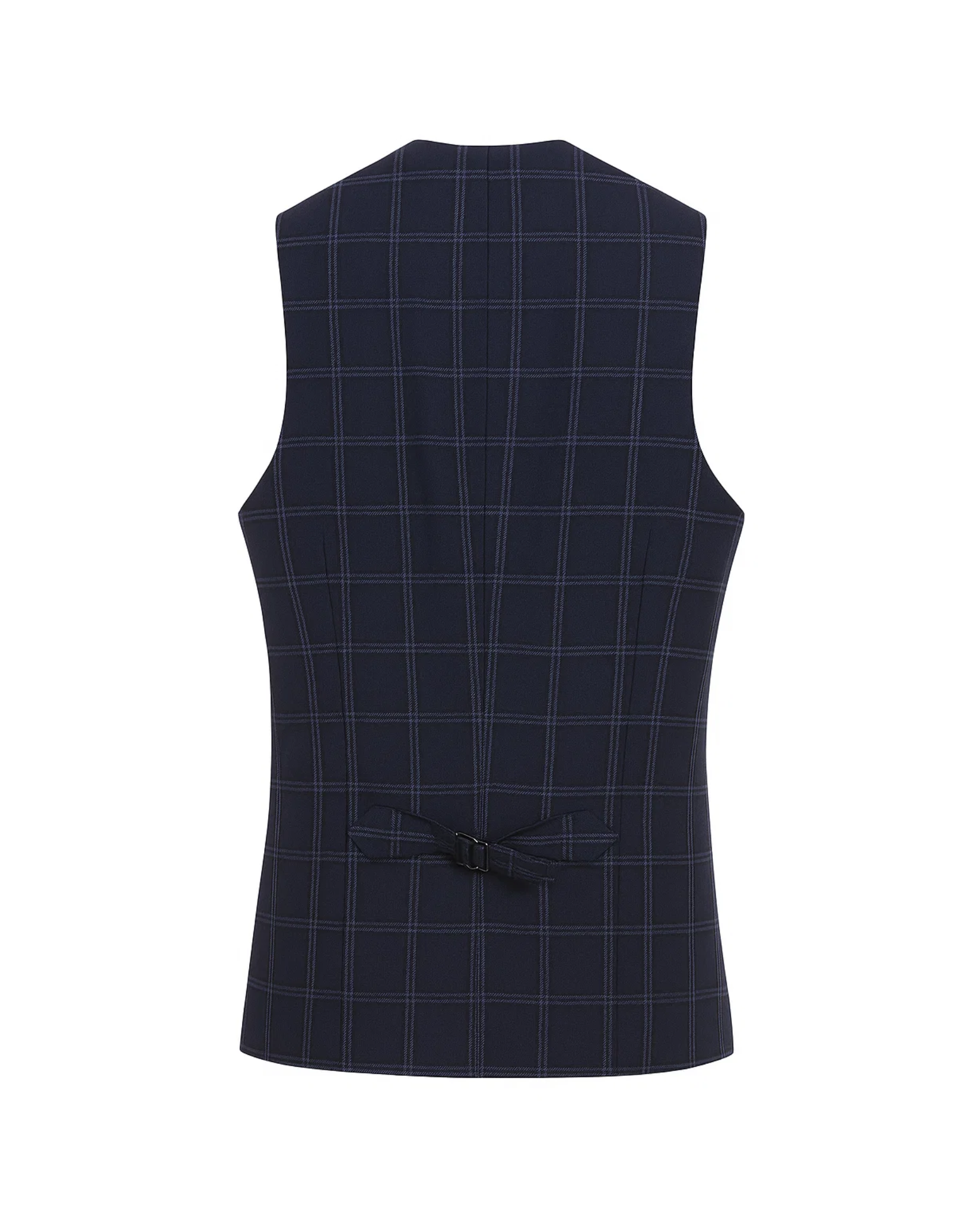 Tailory grey and navy plaid double-breasted vest back view