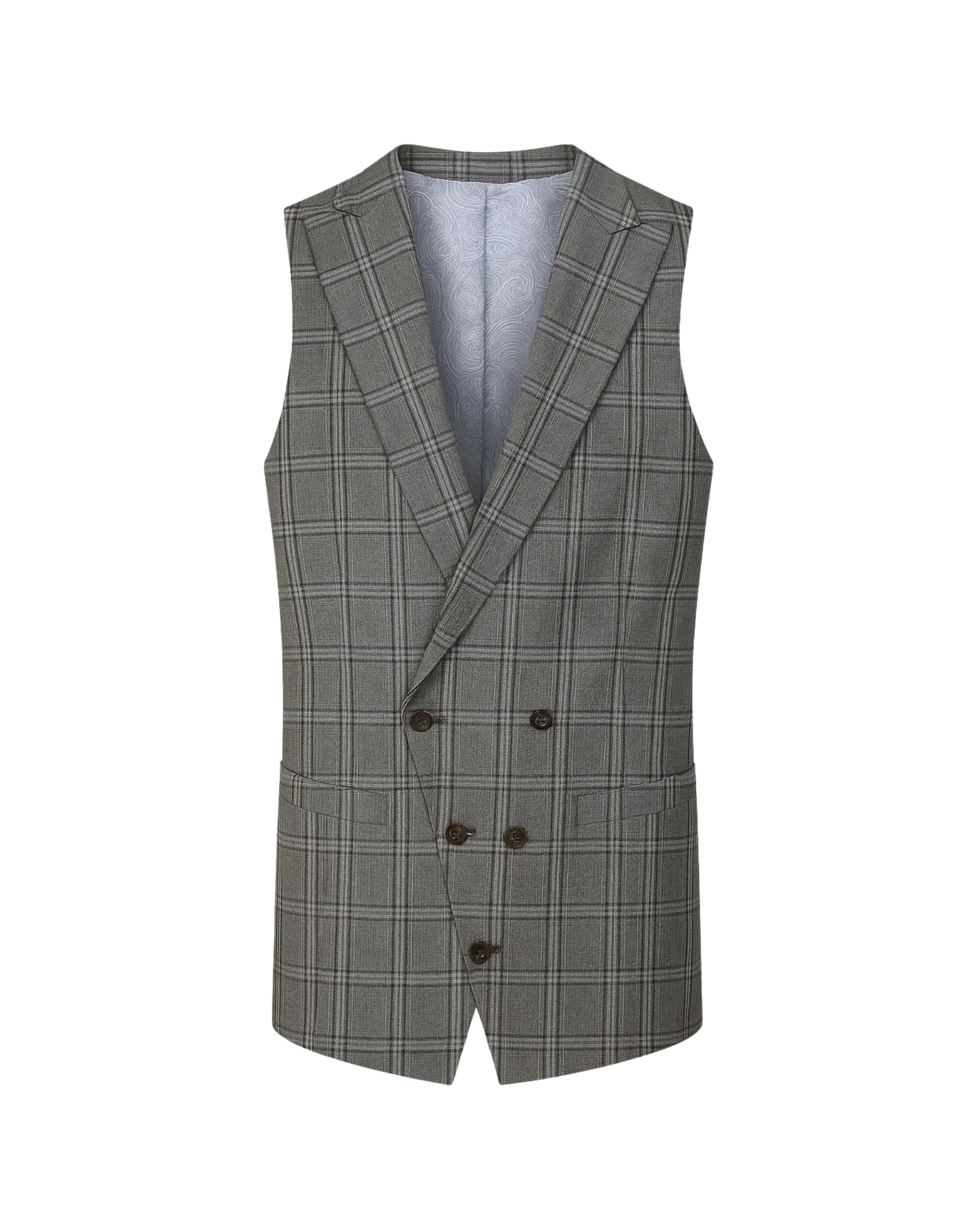 Tailory grey and navy plaid double-breasted vest front view