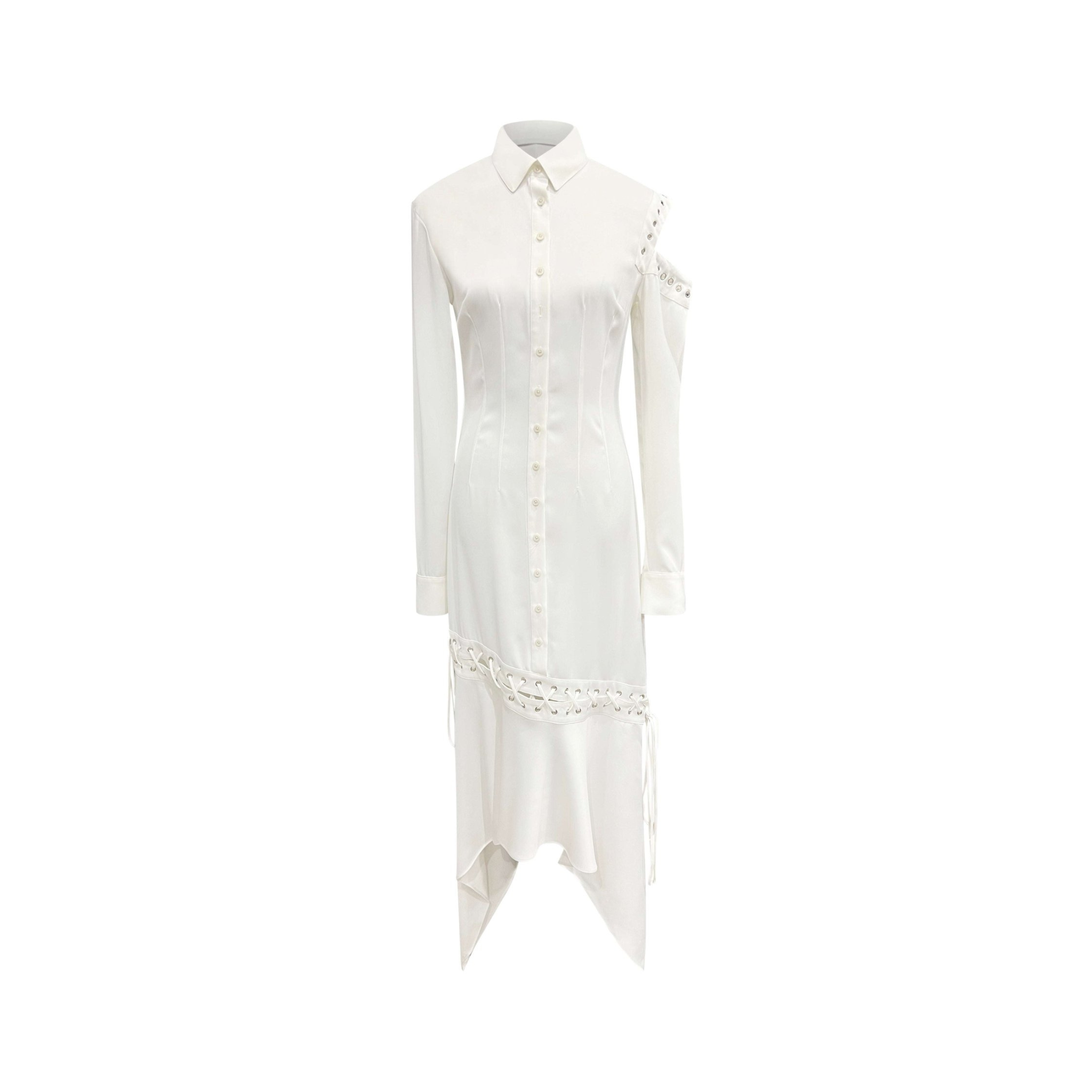 white_cutout_shirtdress_front — Tailory white cut-out shirtdress front view
