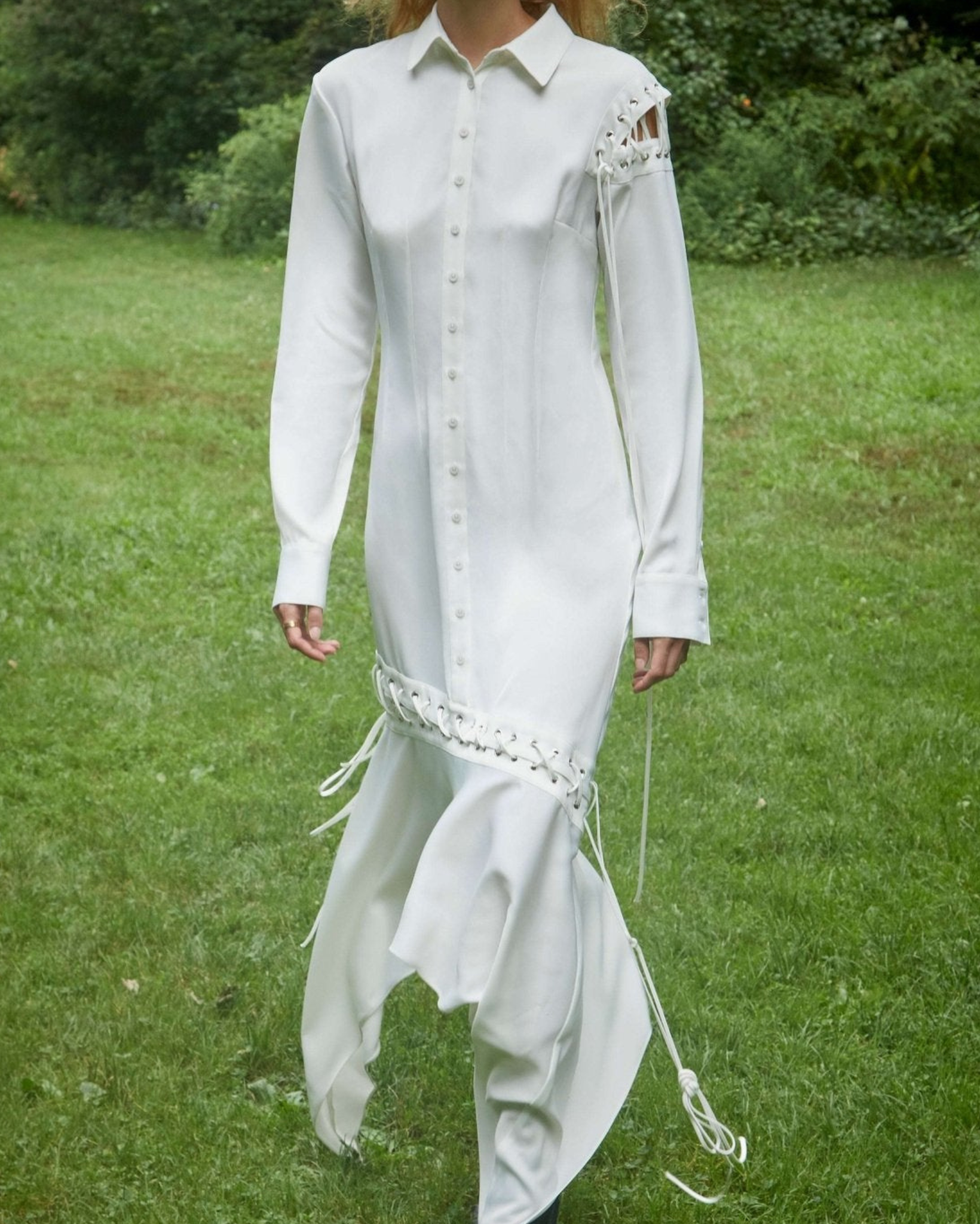 white_cutout_shirtdress_lifestyle1 — Tailory white cut-out shirtdress outdoor view
