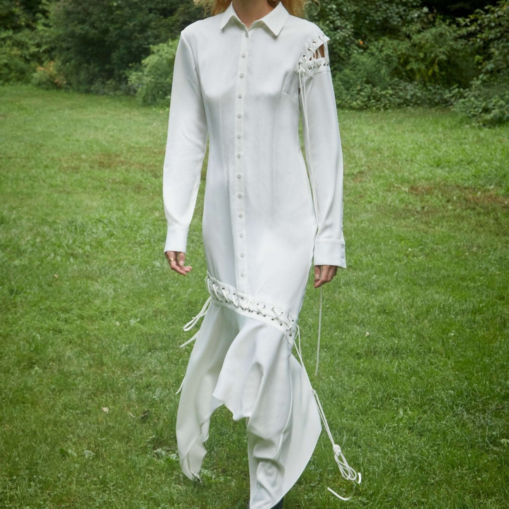 white_cutout_shirtdress_lifestyle1 — Tailory white cut-out shirtdress outdoor view