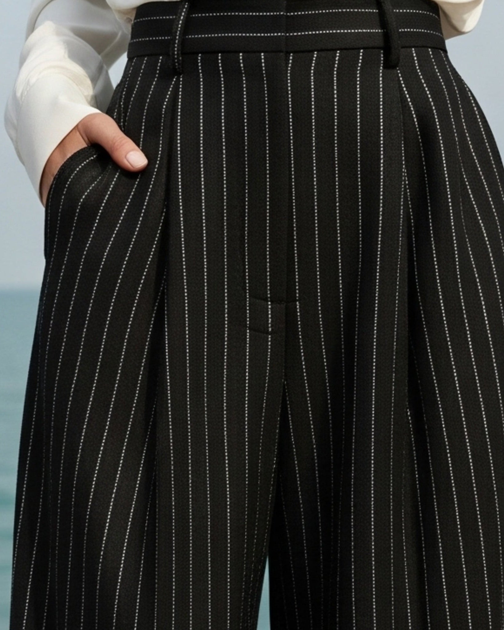 Tailory black white pinstripe fabric detail 