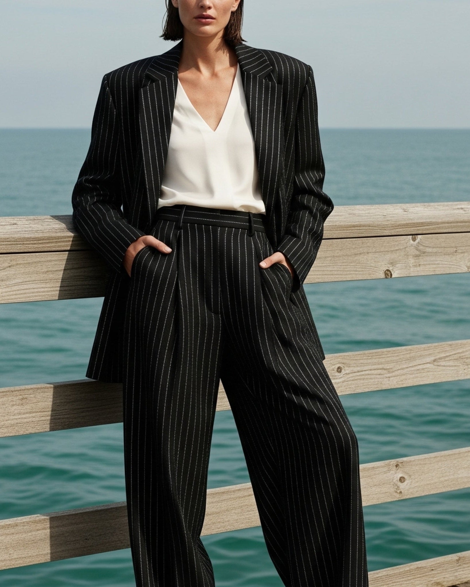 Black Pinstripe Wide-Leg Wool Trousers | The Tailory New York