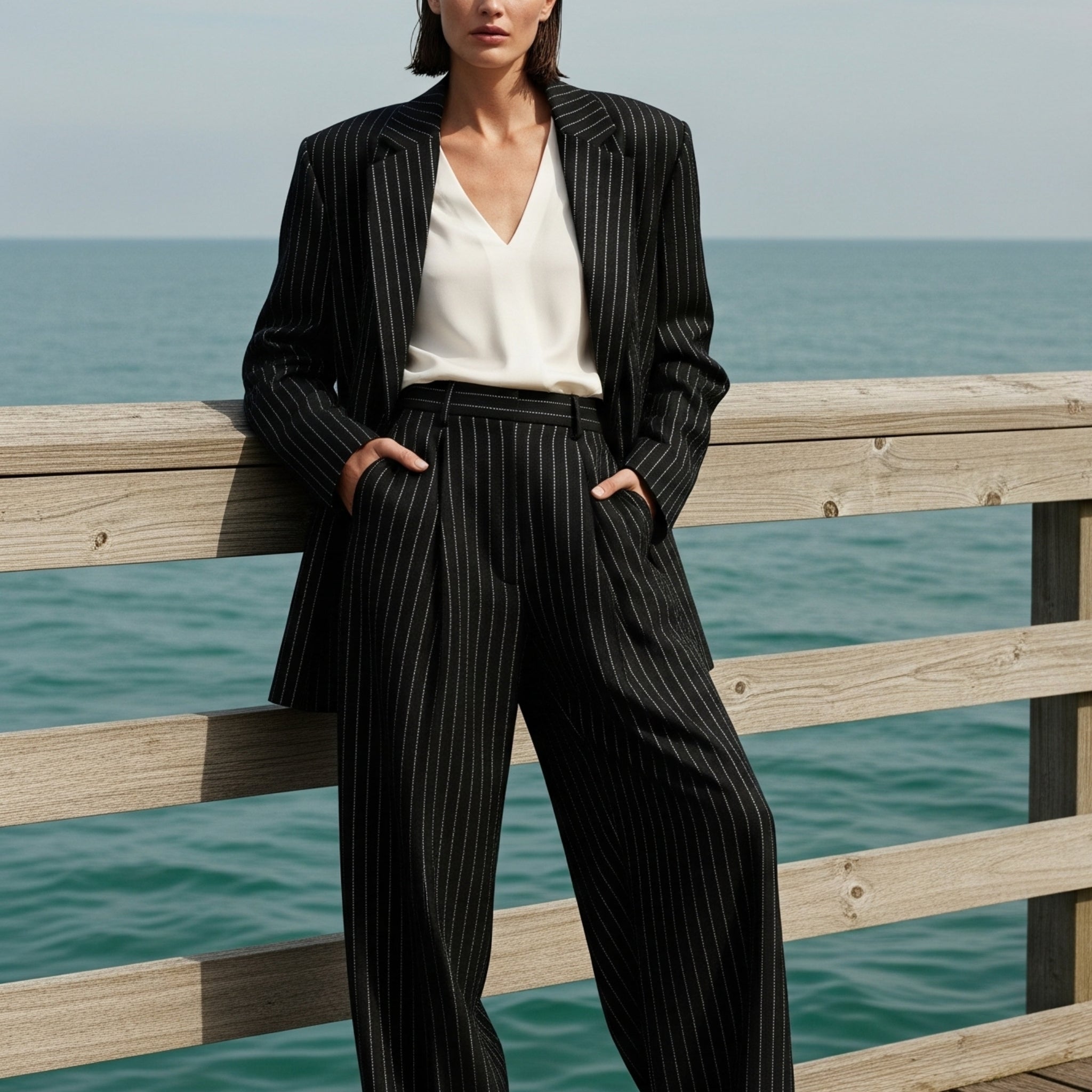 Tailory black white pinstripe wide-leg trousers front view