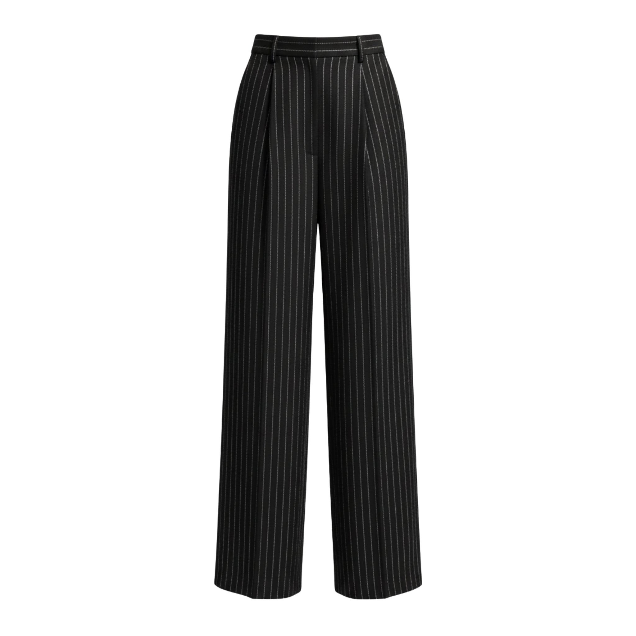 Black Pinstripe Wide-Leg Wool Trousers