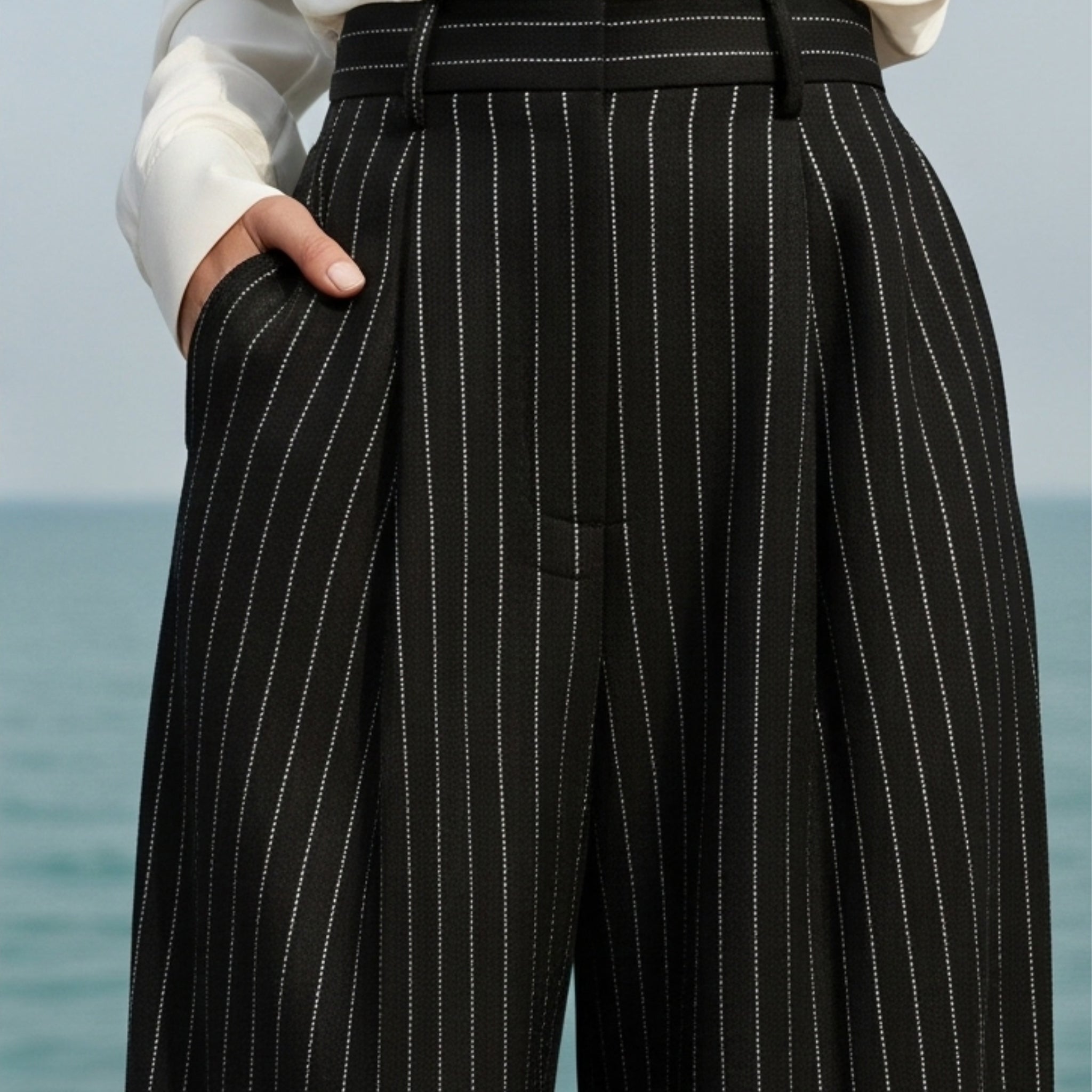 Black Pinstripe Wide-Leg Wool Trousers