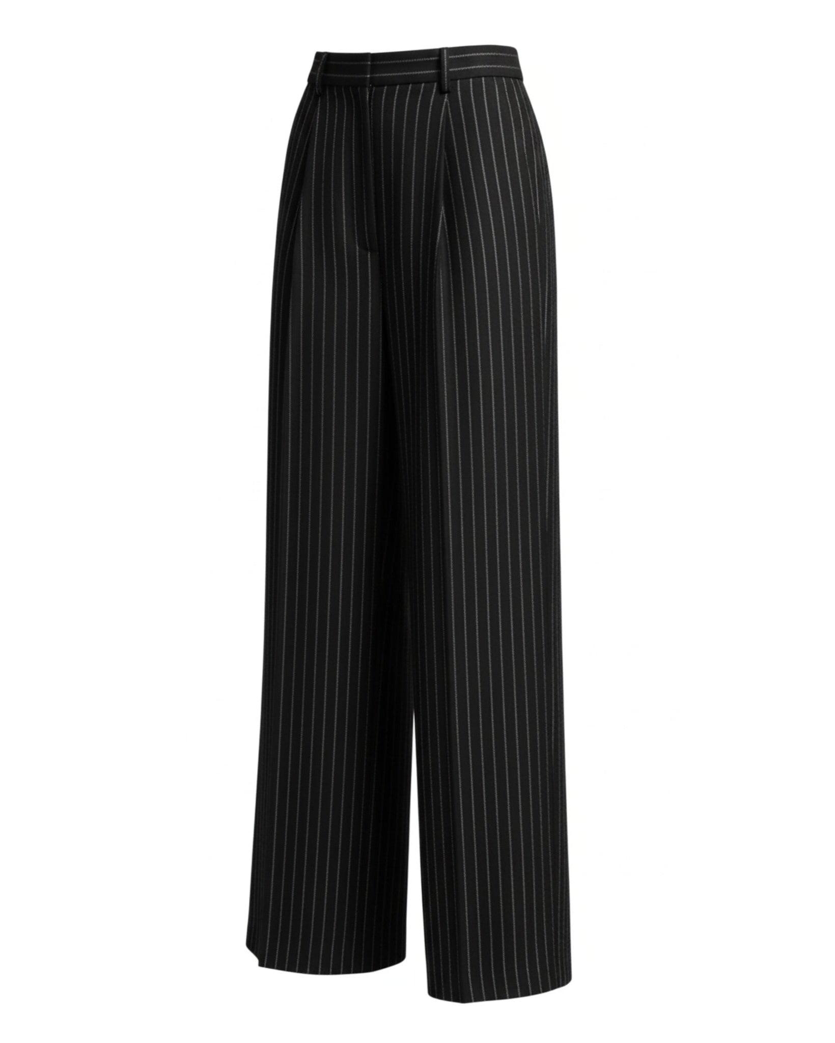 Black Pinstripe Wide-Leg Wool Trousers | The Tailory New York
