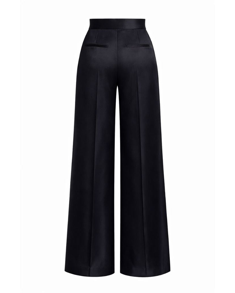 Tailory black silk satin wide-leg trousers back view