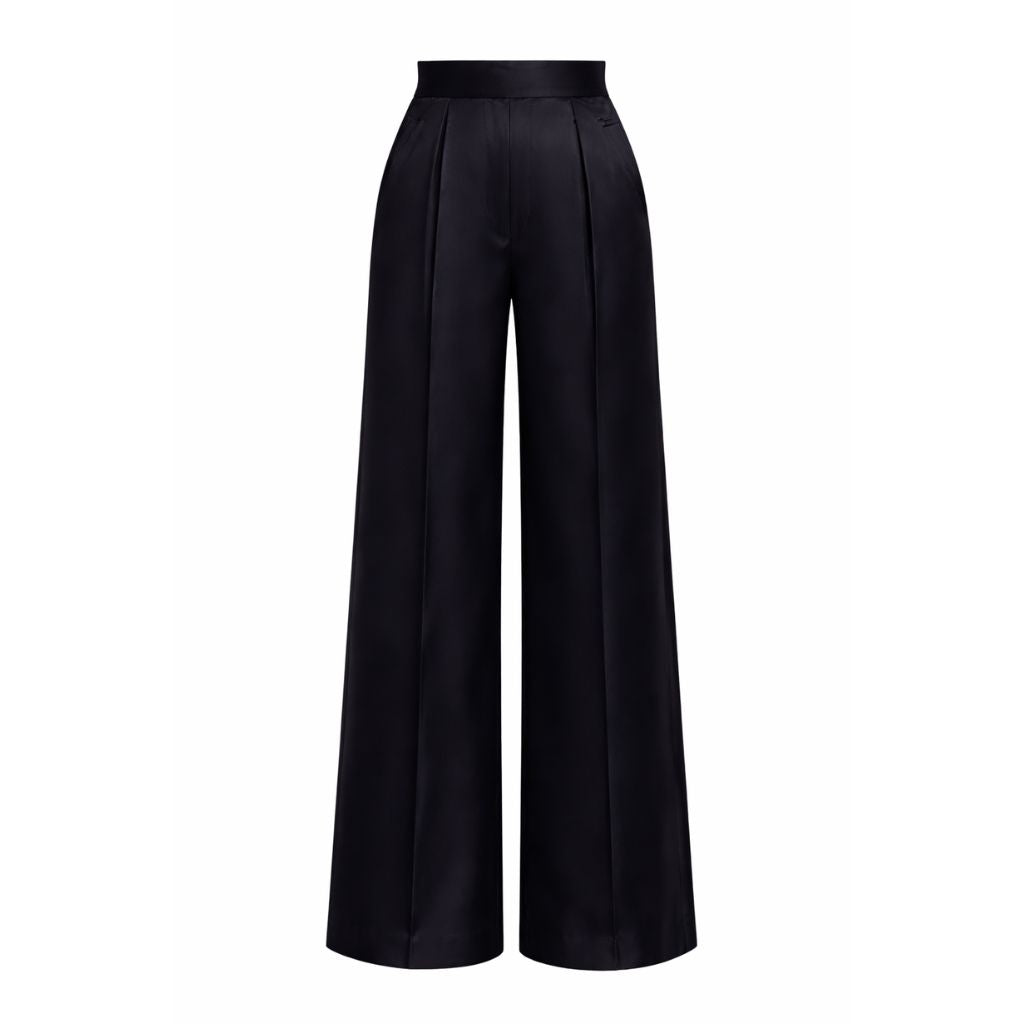 Tailory black silk satin wide-leg trousers front view