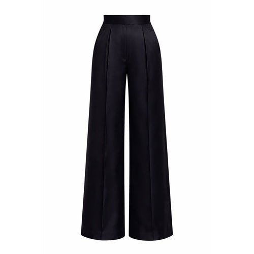 Tailory black silk satin wide-leg trousers front view