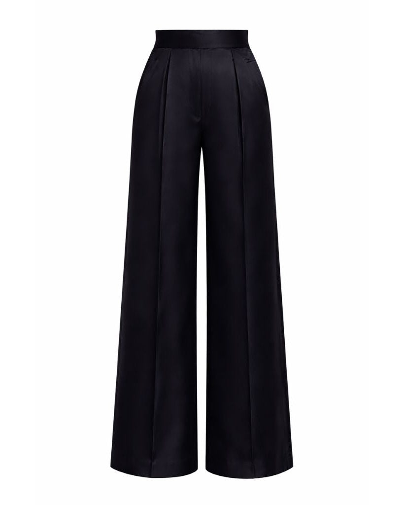 Tailory black silk satin wide-leg trousers front view