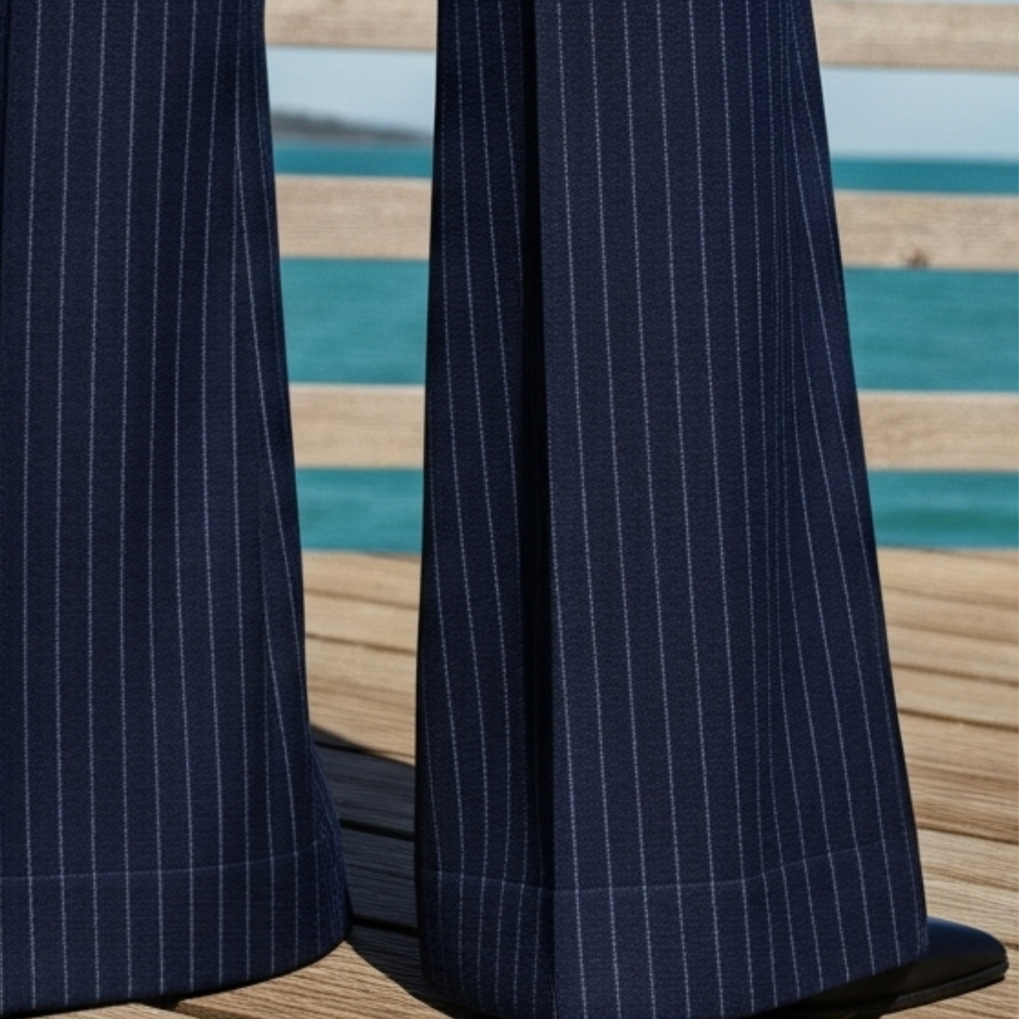 Tailory navy white pinstripe wide-leg trousers detail