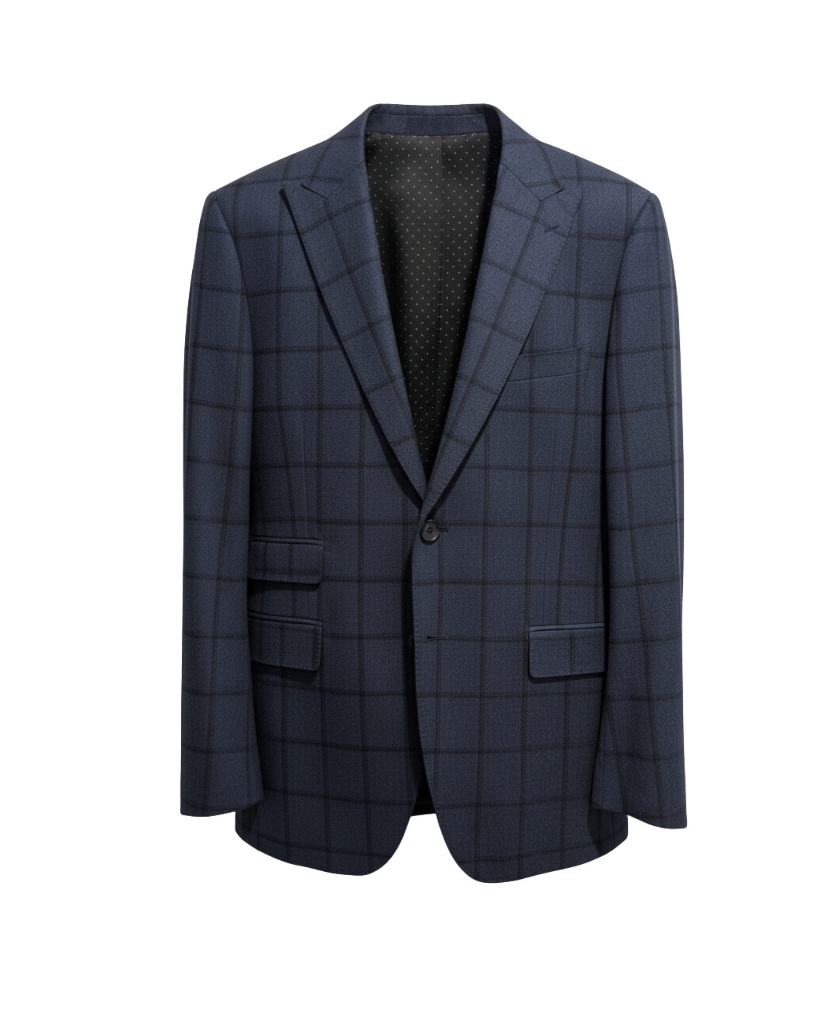 Tailory navy windowpane wool jacket with peak lapels and flap pockets front view