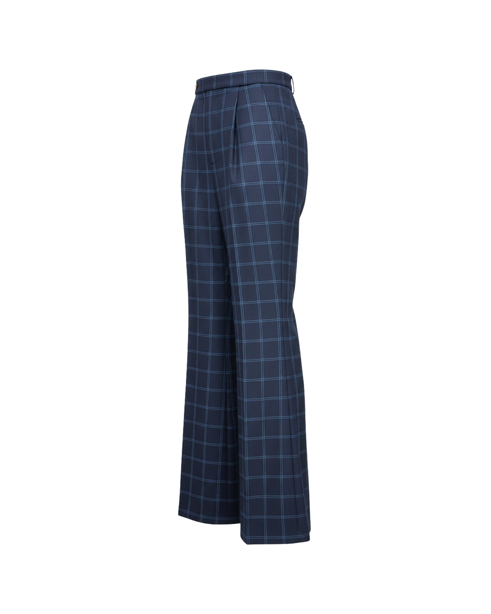 Tailory navy blue windowpane flared tailored trousers side view