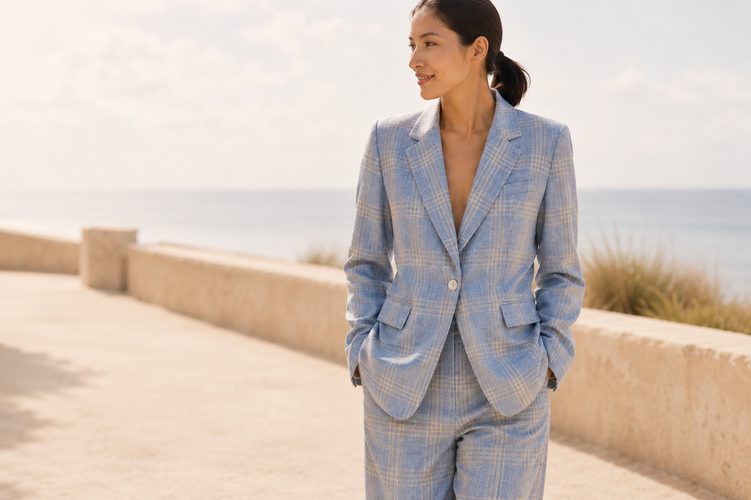 Woman in a blue checkered suit standing on a coastal path with ocean view
