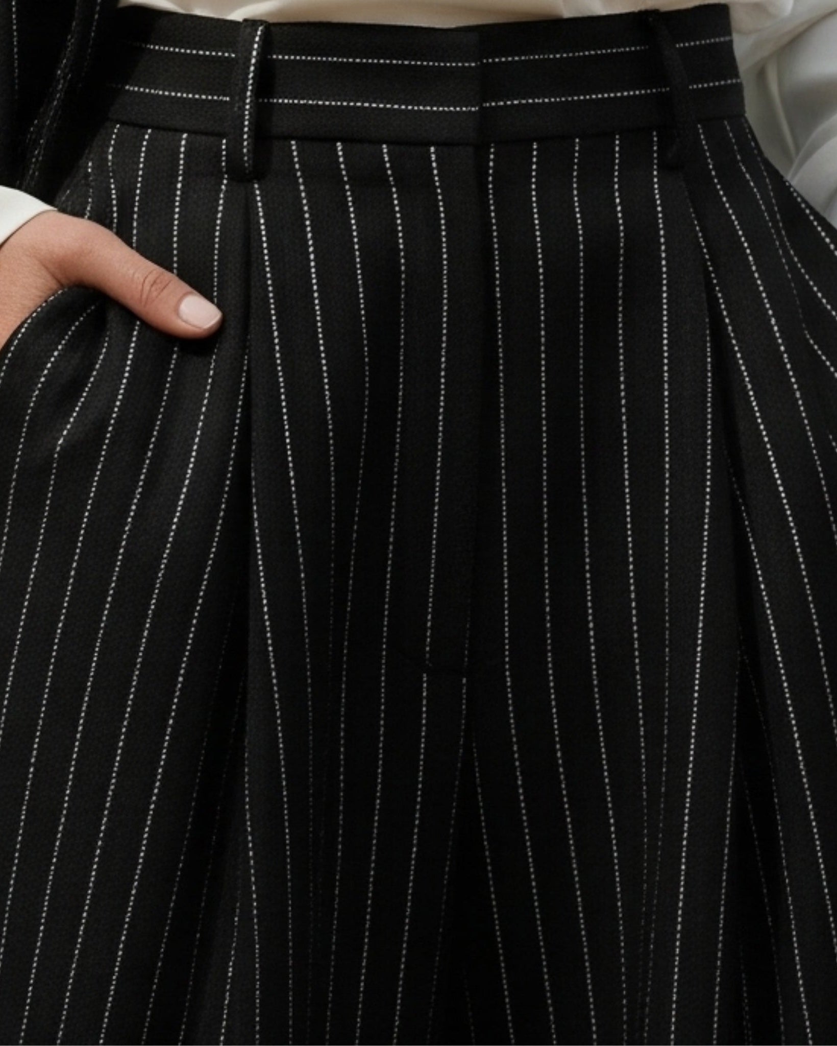 Tailory black white pinstripe wool fabric detail