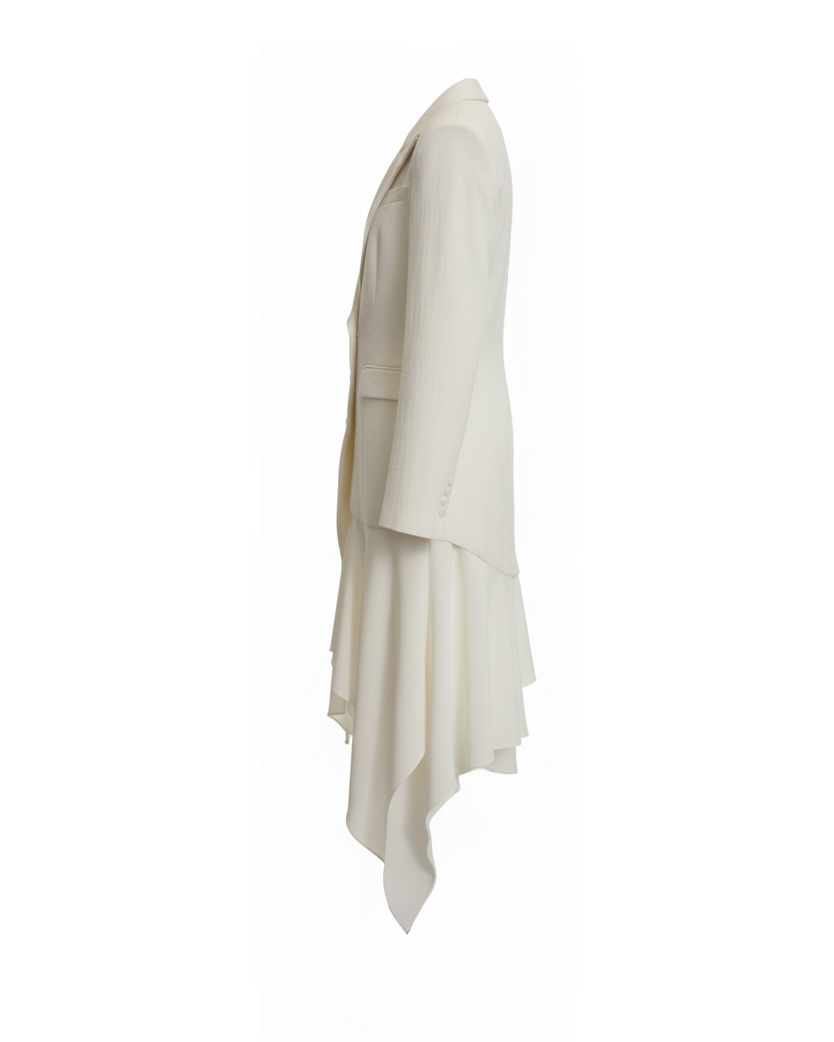 Tailory ivory wool wrap coat side view with sweeping hemline