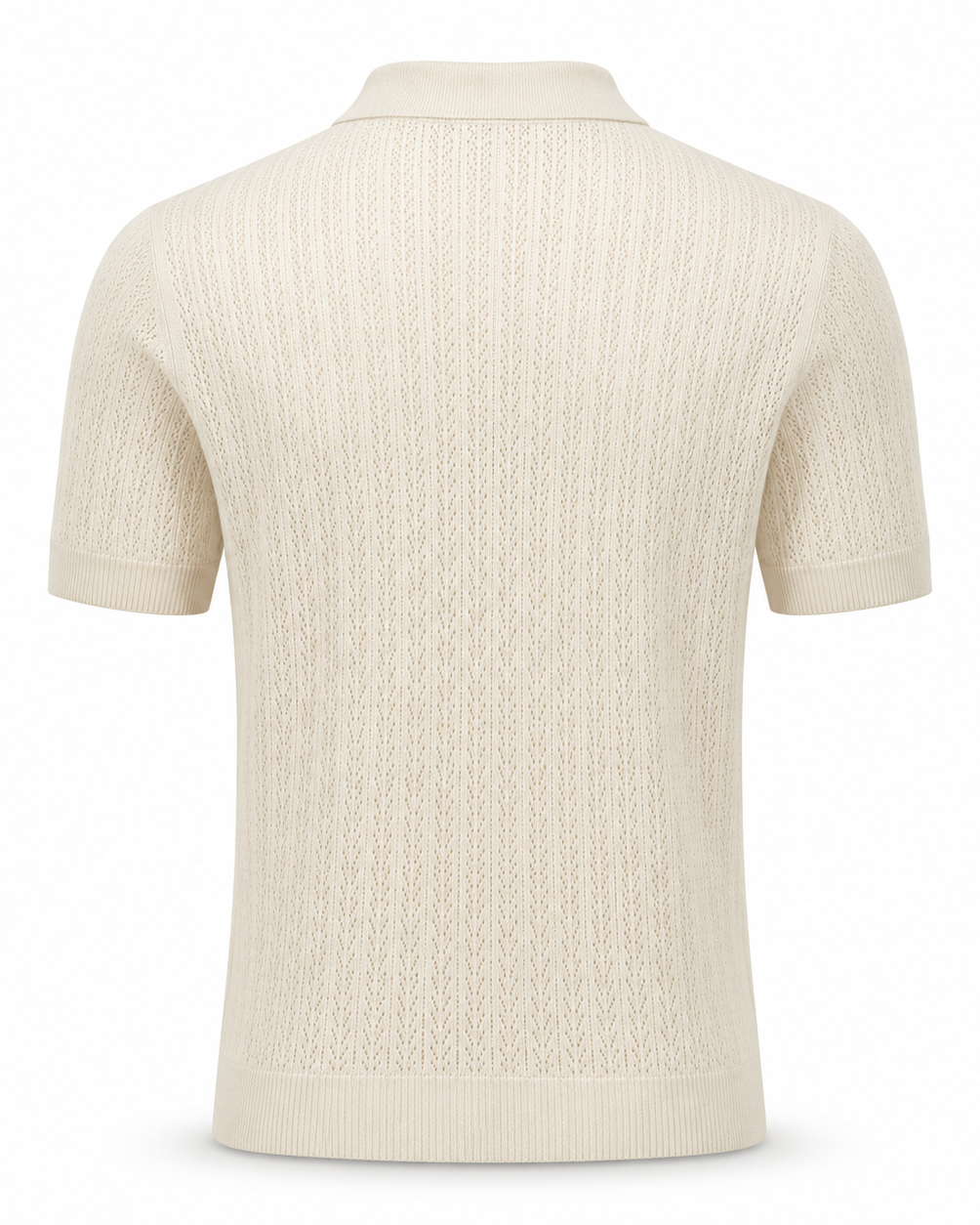 Loro Piana Cashmere Silk Linen Polo Shirt in a soft cream shade, featuring a finely detailed openwork knit back, short sleeves, and a ribbed hem and cuffs for refined leisurewear.