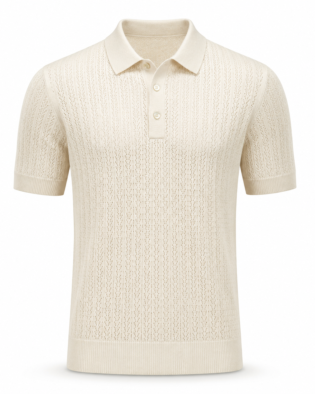 Loro Piana Cashmere Silk Linen Polo Shirt in a soft cream tone, featuring an openwork knit pattern, short sleeves, and a classic three-button placket for refined leisure dressing.