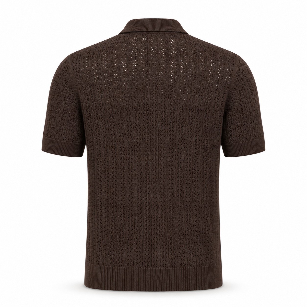 Loro Piana Cashmere Silk Linen Polo Shirt in dark brown, featuring a finely detailed open-knit pattern, short sleeves, ribbed collar and hem for an elevated summer leisurewear look.