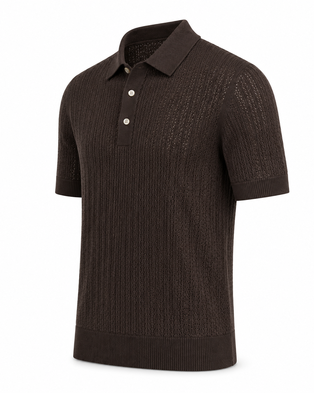 Loro Piana Cashmere Silk Linen Polo Shirt in a rich dark brown featuring a finely textured open-knit pattern, short sleeves, classic collar, and a sophisticated three-button placket.