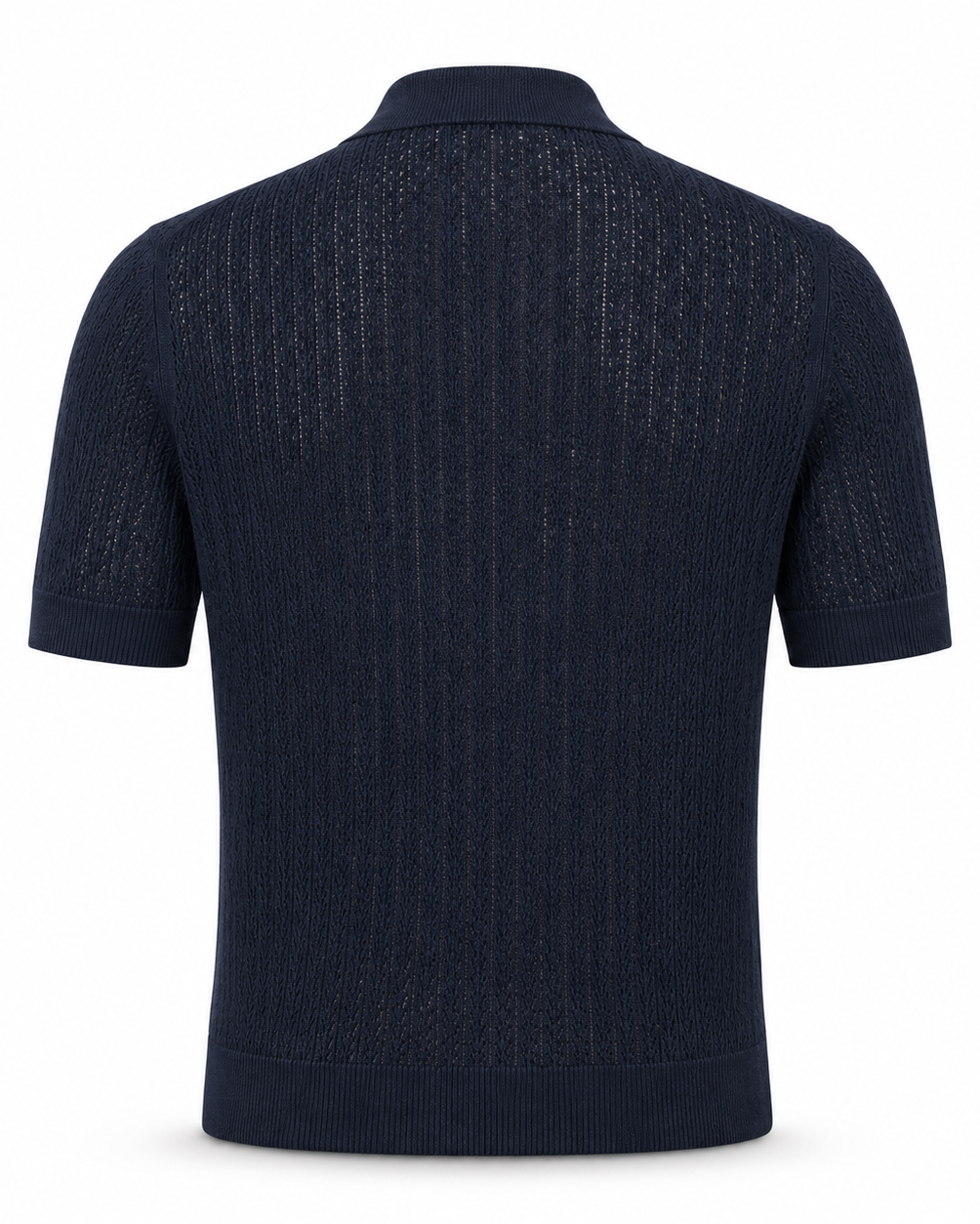 Loro Piana Cashmere Silk Linen Polo Shirt in navy, featuring a breathable openwork knit pattern, short sleeves, a classic collar, and finely ribbed hem and cuffs for luxurious summer leisurewear.