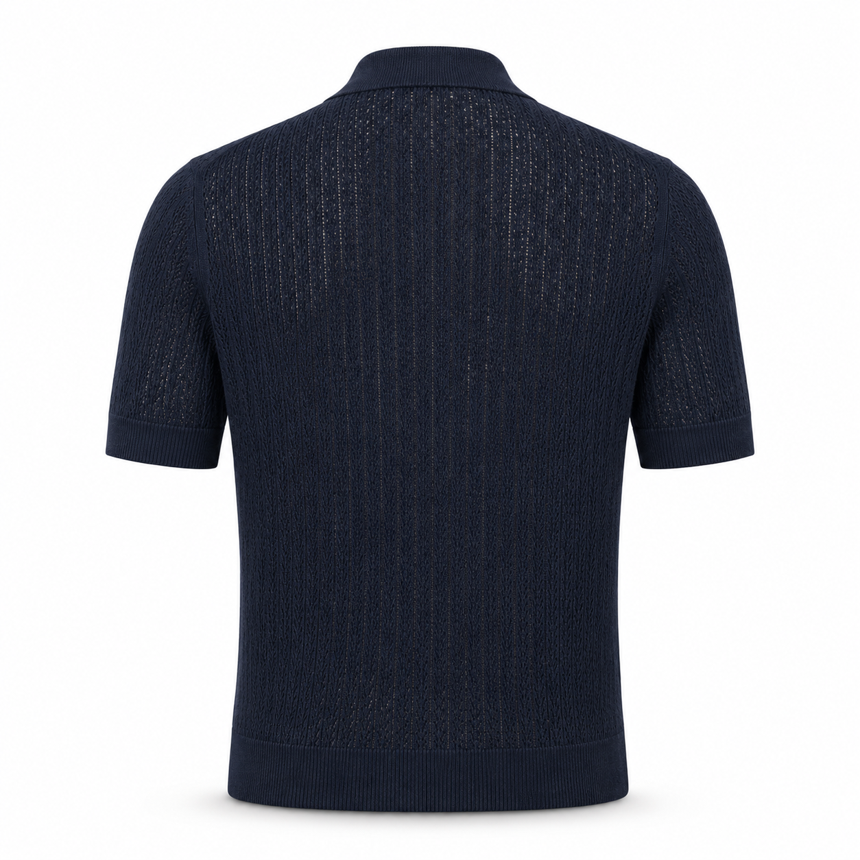 Loro Piana Cashmere Silk Linen Polo Shirt in navy, featuring a breathable openwork knit pattern, short sleeves, a classic collar, and finely ribbed hem and cuffs for luxurious summer leisurewear.