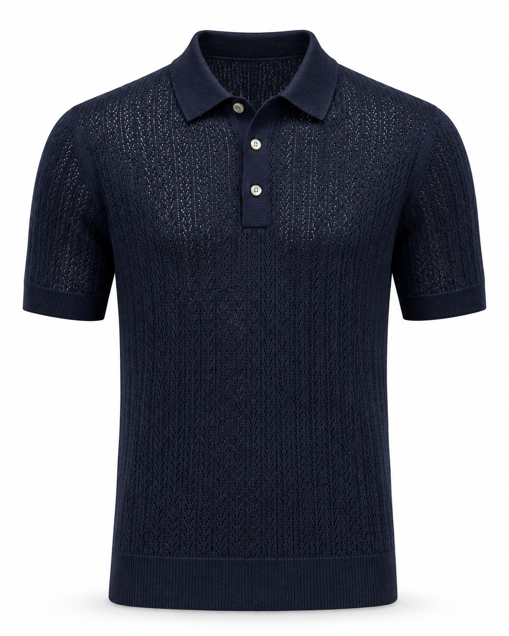 Loro Piana Cashmere Silk Linen Polo Shirt in a deep navy, featuring a lightweight openwork pattern, short sleeves, a classic collar, and a three-button placket for elevated summer leisurewear.